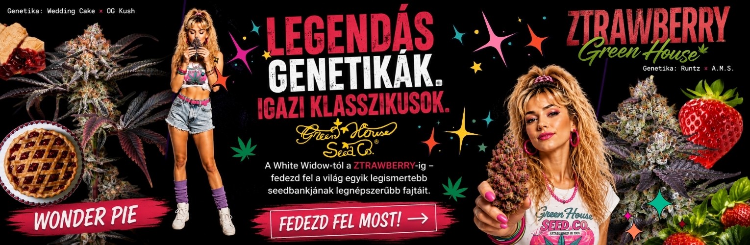 Green House Seeds promóciós banner Wonder Pie és ZTRAWBERRY fajtákkal, vintage stílusú modellel, prémium kannabisz genetikákkal és „Fedezd fel most” felhívással.