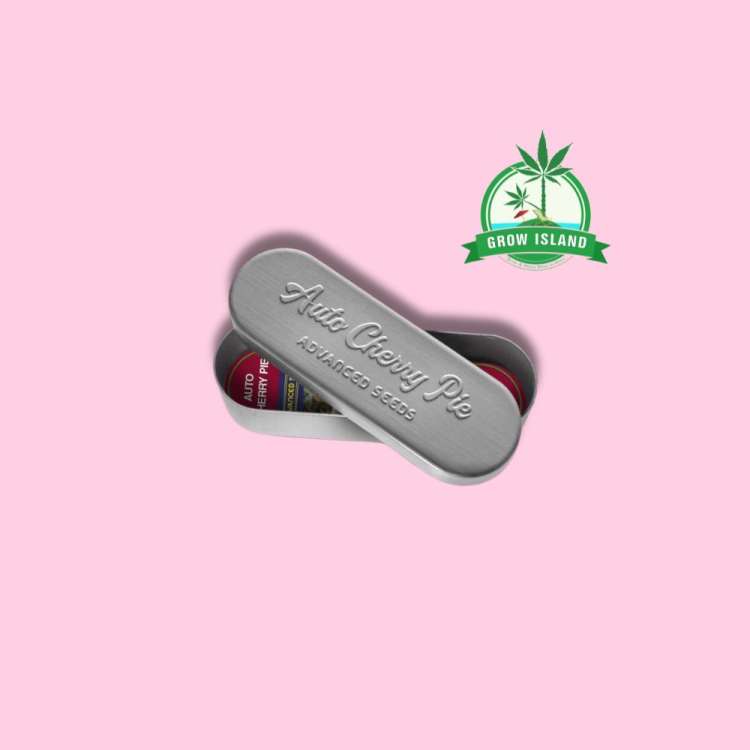 Aluminiumbox von Advanced Seeds für Saatgut mit hellrosenfarbenem Hintergrund und grünem Grow Island-Logo in der oberen rechten Ecke