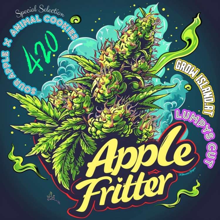 Apple Fritter Illustration mit violett‑grünen Hanfblüten; Sour Apple × Animal Cookies, Lumpy’s Cut; Grow Island.
