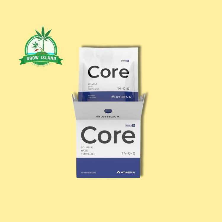 Athena Pro Line Core white bag in a white box with yellow background and a green Grow Island logo in the left upper corner