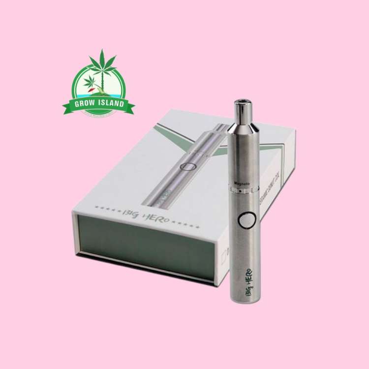 Big Hero - Dab Pen Vape near the original box with hell rose background and green Grow Island logo in the right upper corner