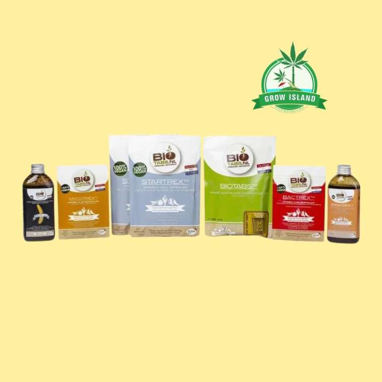 Bio Tabs - Perfect Plant Pack from left to right: 100ml Bio PK, 10g Mycotrex, 150g Startrex, 4 Stück BioTabs, 6g Bactrex, 100ml Orgatrex with yellow background and green Grow Island logo in the right upper corner