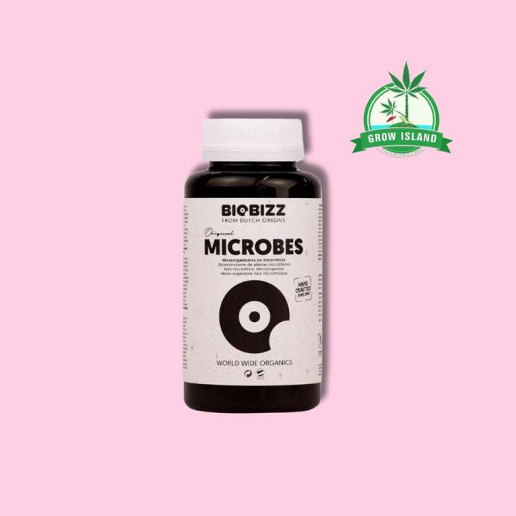 Biobizz Microbes plastic bottle 150g with hell rose background and green Grow Island logo in the right upper corner
