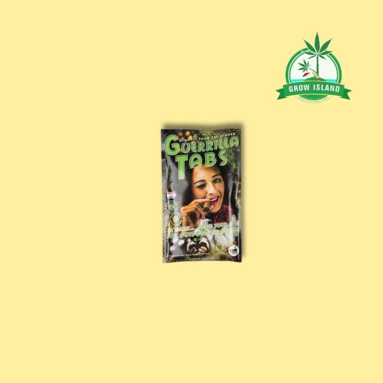 Guerilla Tabs from Biotabs in a bag with women face and a joint in her mouth on it, and with yellow background and green GrowIsland logo in the right upper corner