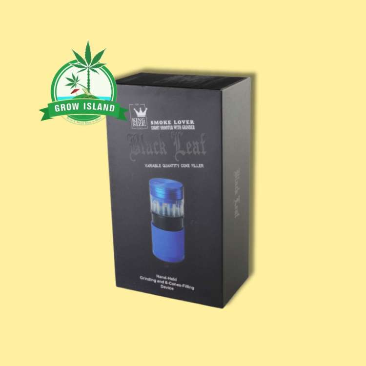 Black Leaf Cone Filler Grinder black paper box with yellow background and green grow island logo in the left upper corner