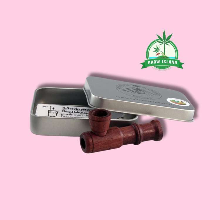 Calumet Mikro Rocket pipe with grey box and hell rose background and green Grow Island logo in the right upper corner