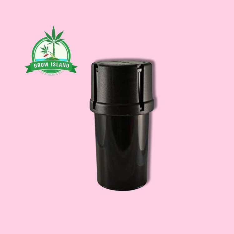 Black Container and Grinder with hell rose background and green grow Island logo in the left lower corner
