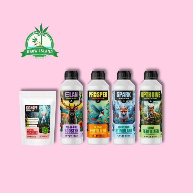 Explorer Pack - from left to right: Benefical Microbs, Elan, Prosper, Spark, Upthrive, with hell rose background and green Grow Island logo in the left upper corner
