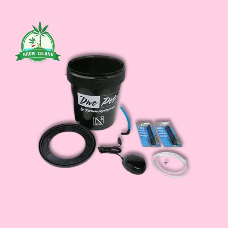 black pot  Hydroponic System for one plant with pink background and green Grow Island logo in the left upper corner