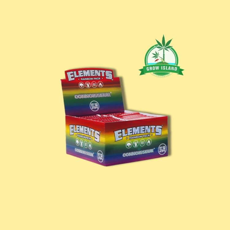 Elements Rainbow Connoisseur Paper colorful box with yellow background and green grow island logo in theright upper corner