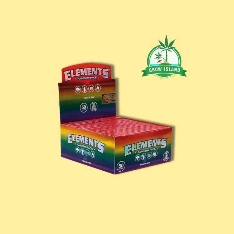 Elements Rainbow Hemp Paper colorful box with yellow background and green grow Island logo in the right upper corner