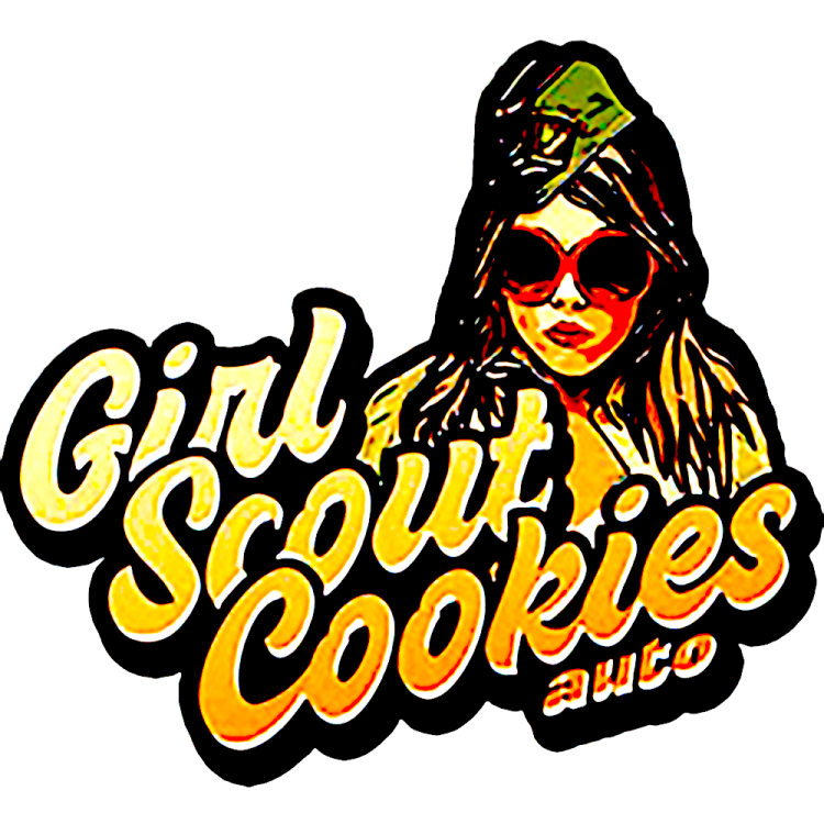 yellow Girl Scout Cookies logo with a browned hair gils, who wears red sunglasses