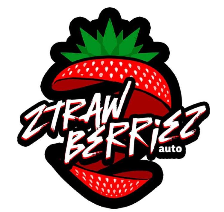 Ztrawberriez Auto logo Strawberry in two pieces in the middle is the text