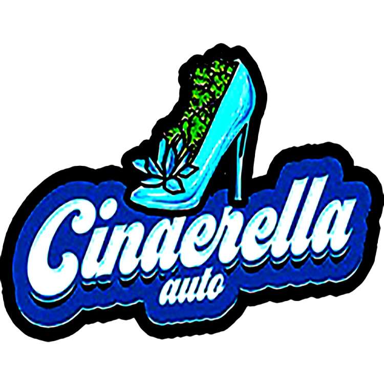 Original Cinderella logo blue background and blue high hills shoe with cannabis leafs in it