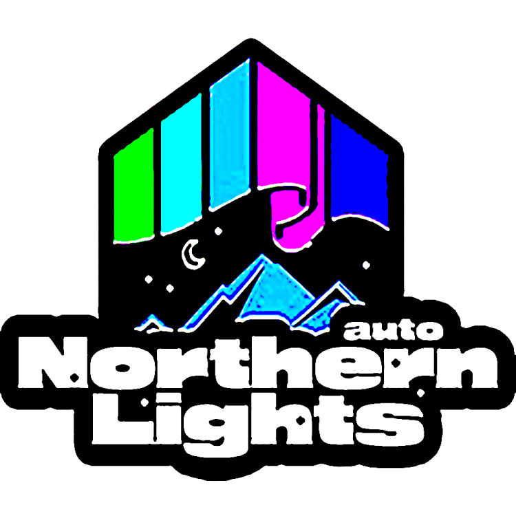 Original Northern Lights logo with blue mountain black sky, white moon and colourfull northern lights above it