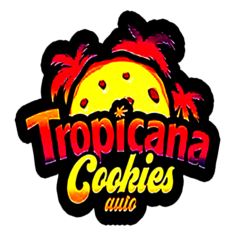 Tropicana Cookies logo in red and yellow colour with three palm tree in the background