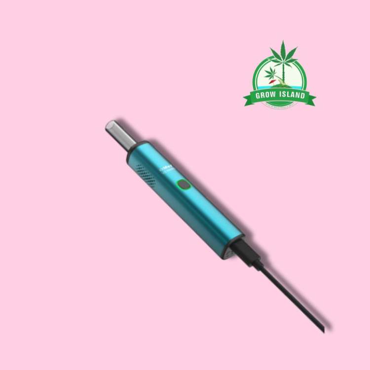 XMAX V3 Nano Vaporizer Blue with charger with hell rose background and green grow Island logo in the right upper corner