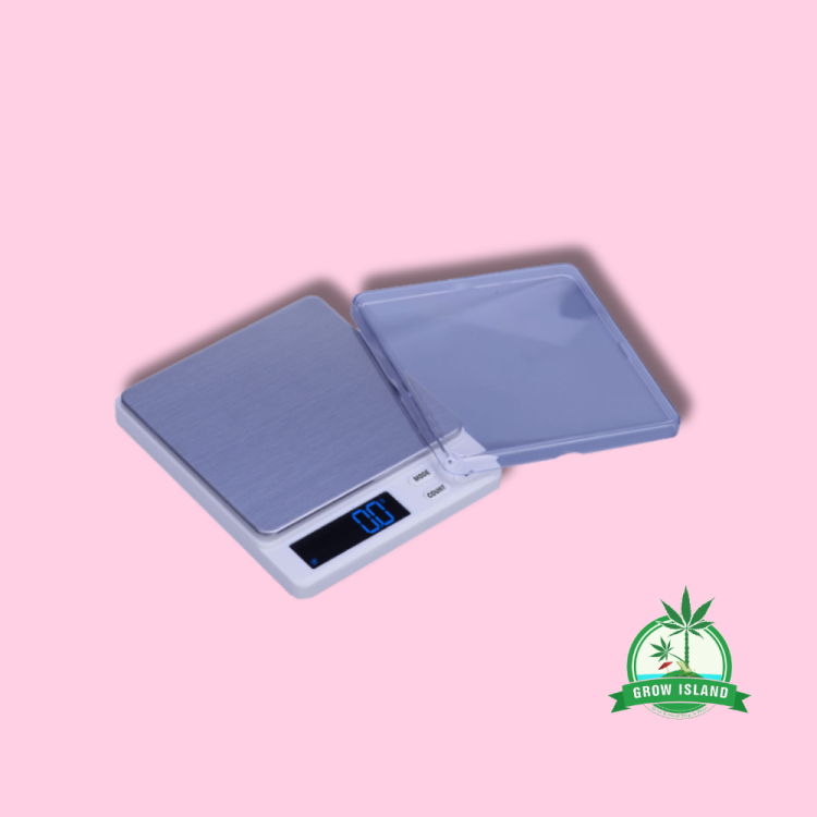 G Scale GX Mérleg 500 g - 0,01 g scale with pink background and green Grow Island logo in the right corner