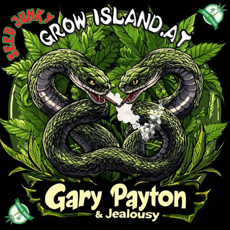 Gary Payton & Jealousy logo two snakes seeing each other between cannabis leafs