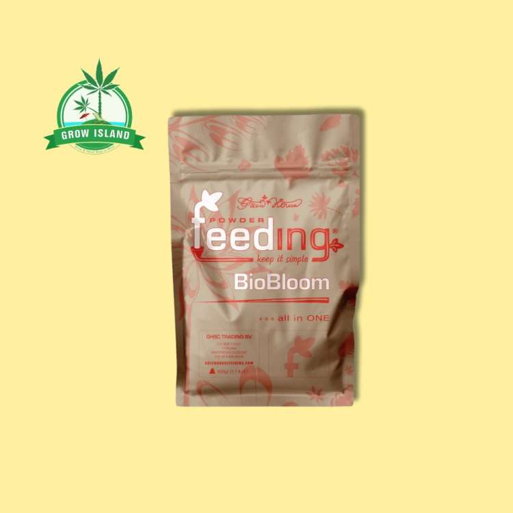 Green House Feeding Bio Bloom brown bag with yellow background and a green Grow Island logo in the left upper corner