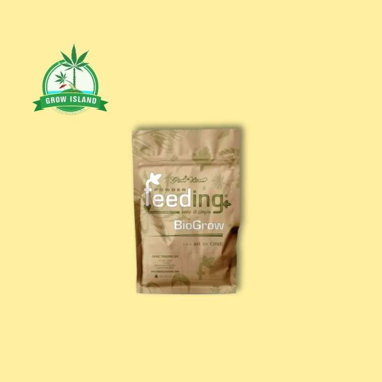Green House Feeding Bio Grow brown bag with yellow background and a green Grow Island logo in the left upper corner