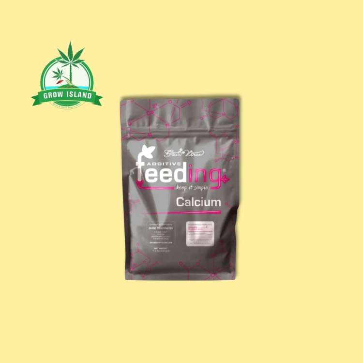 Green House Feeding Additive Calcium grey bag with yellow background and a green Grow Island logo in the left upper corner