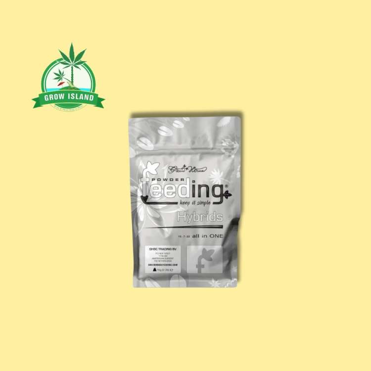 Green House Feeding Hybrids silver bag with yellow background and a green Grow Island logo in the left upper corner