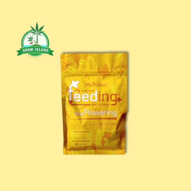 Green House Feeding long Flowering yellow bag with yellow background and a green Grow Island logo in the left upper corner
