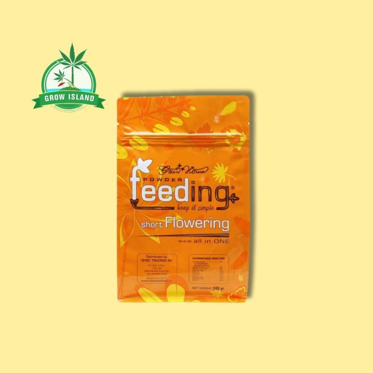 Green House Feeding short Flowering orange bag with yellow background and green Grow Island logo