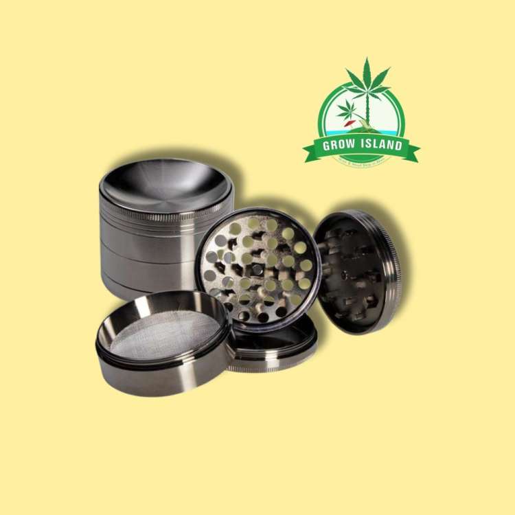 4-piece grinder in pieces with concave design, yellow background and green Grow Island logo in the right upper corner