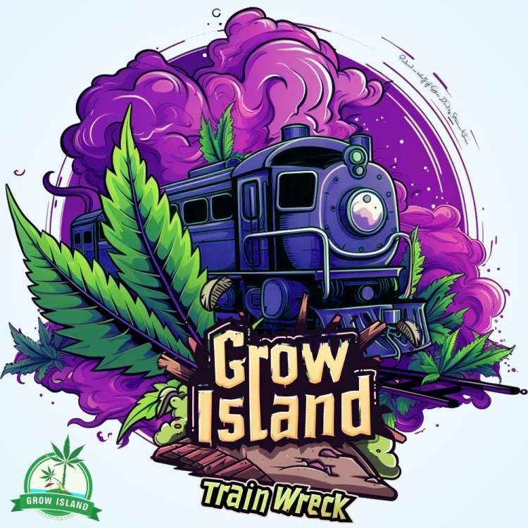 Trainwreck Logo — ein Zug mit violettem Nebel und Cannabisblättern.