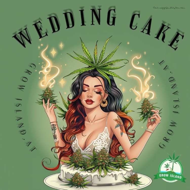 Wedding Cake Logo — rothaarige Frau im weißen Kleid steht hinter einer Cannabistorte und hält in beiden Händen Weed
