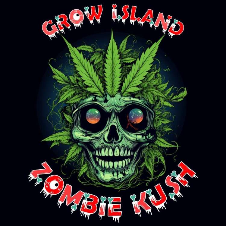 Zombie Kush Logo — grüner Schädel zwischen Cannabisblättern
