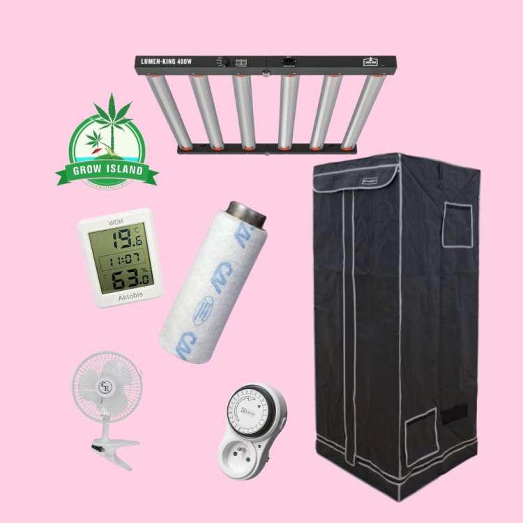Growbox M Tent set, LED, Clipfan, carbon filter, inline fan, thermometer with hell rose background and green Grow Island logo in the left upper corner