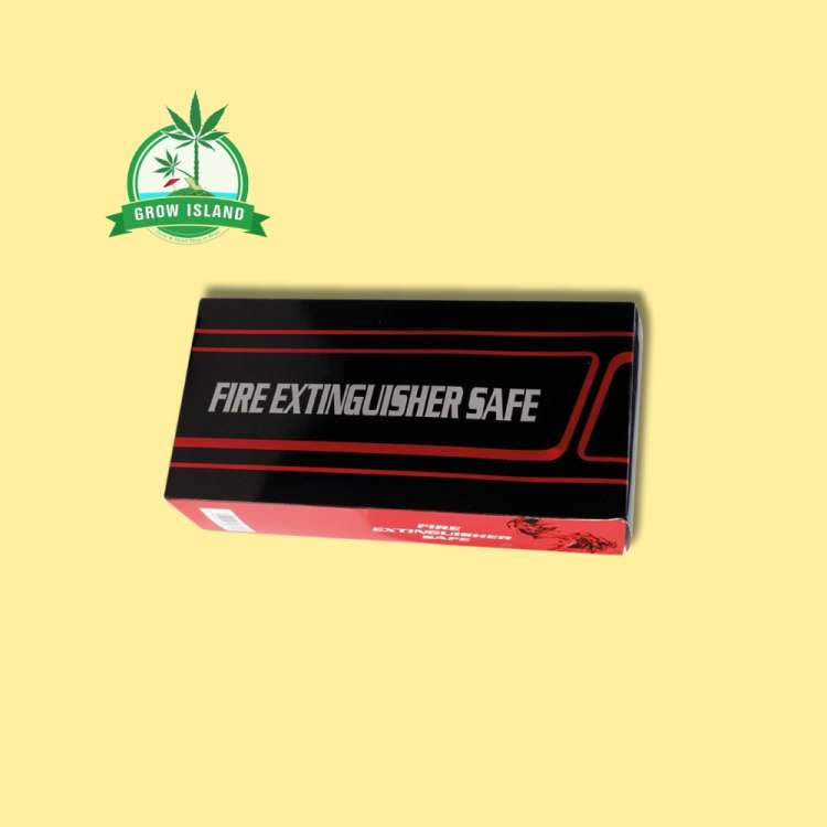 hidden socket fire extinguisher black box with yellow background and green Grow Island logo in the left upper corner