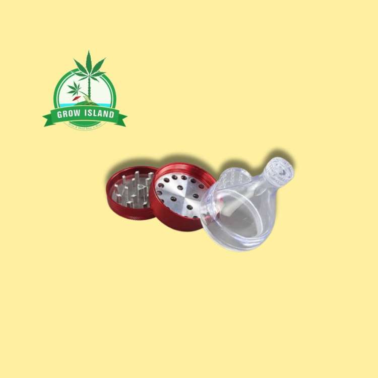 Alu grinder with built-in filling aid in 3 pieces with yellow background and green Grow Island logo in the right upper corner