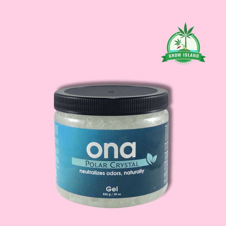 ONA Gel Polar Crystal blue plastic jar with pink background and green Grow Island logo in the right upper corner