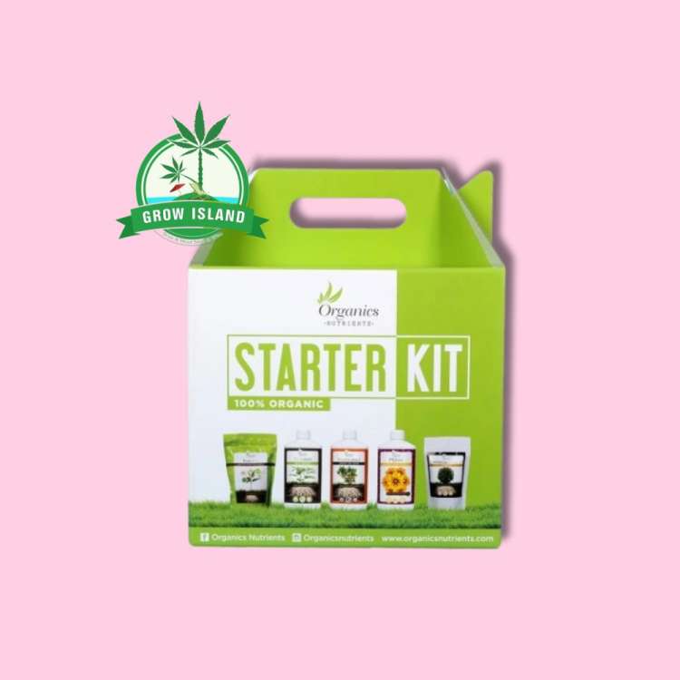 Organics Nutrients - Starter Kit green-white paper box with hell rose background and green Grow Island logo in the left upper corner