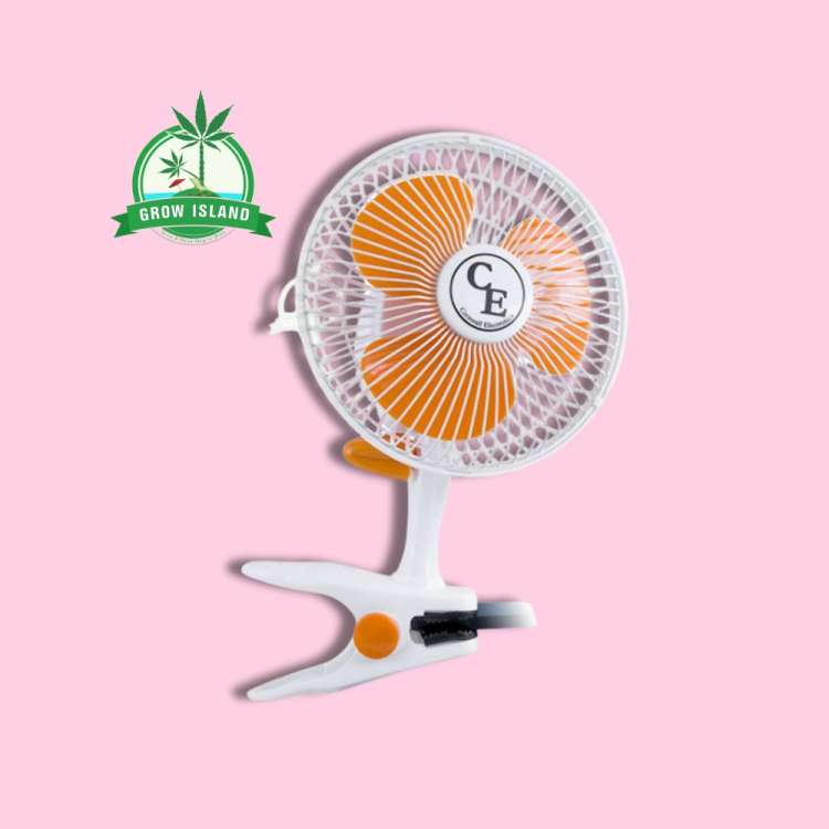 white and orange colored Cornwall Electronics 20W 2SPEED clip fan with pink background and green Grow Island logo in the upper left corner