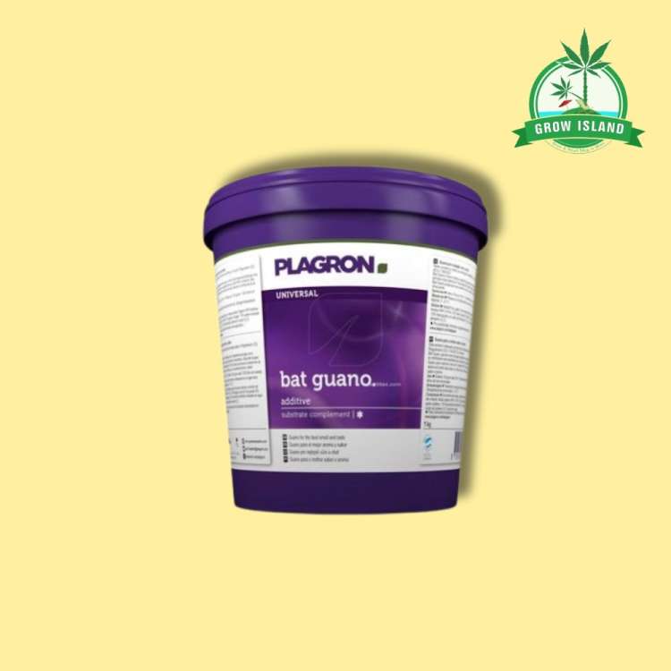 Plagron Bat Guano purple plastic buket with yellow background and green grow island logo in the right corner