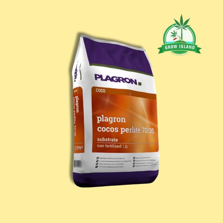 Plagron - Cocos Perlite 70/30 50L bag in purple-white-orange color with yellow background and green Grow Island logo