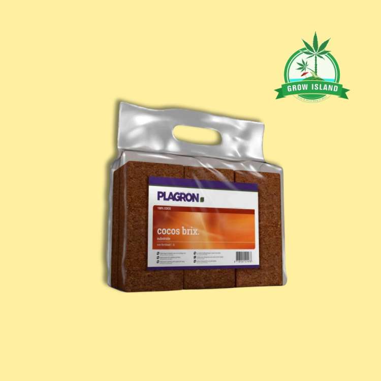 Plagron Cocos Brix 6pieces in a plastic bag with yellow background and a green GrowIsland logo in the upper rigtht corner