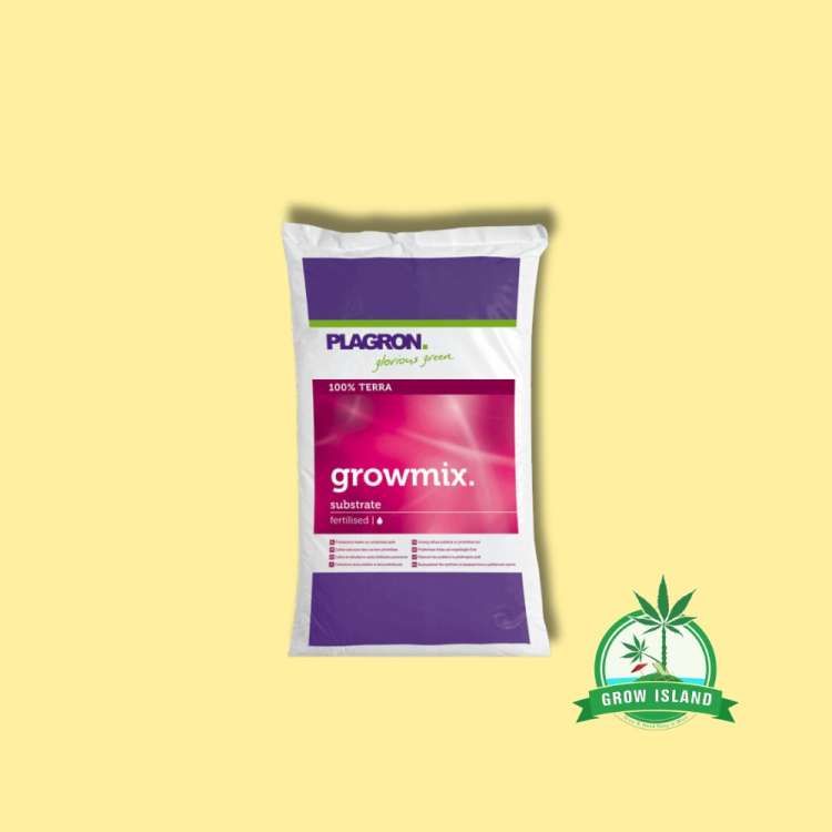Plagron Growmix Soil in purple-white-pink plastic bag with yellow background and green GrowIsland logo in the right lower corner