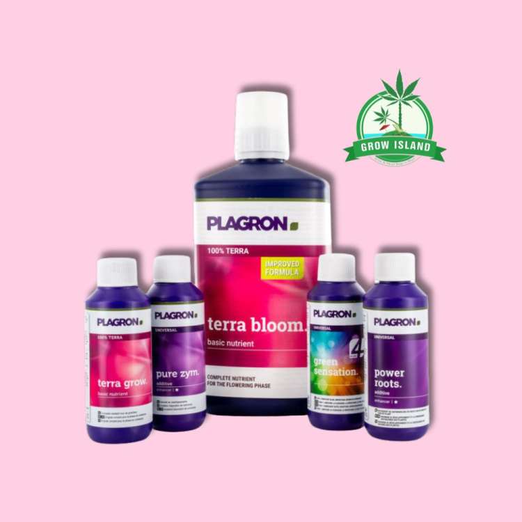 All Part of the Top Grow Box Terra from Plagron, from left to right: Terra Grow, pure zym, terra bloom, green sensation, power roots with hell rose background and a green Grow Island logo in the right upper corner