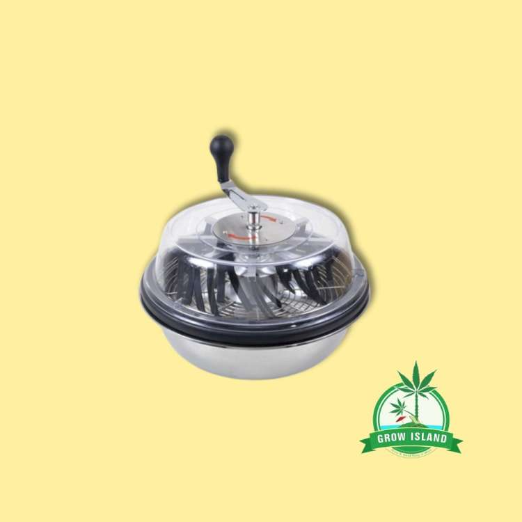 Bowl Trimmer manual with plastic top with yellow background and green Grow Island logo in the right lower corner