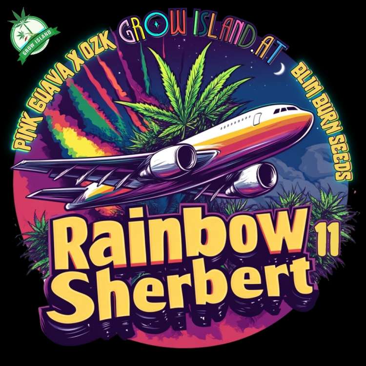 Rainbow Sherbert 11 logo A plane leaving behind rainbow-colored smoke with a couple of cannabis leaves on top.