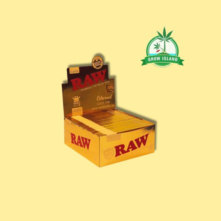 RAW Ethereal Paper in a yellow-black box with yellow background and green grow Island logo in the right upper corner