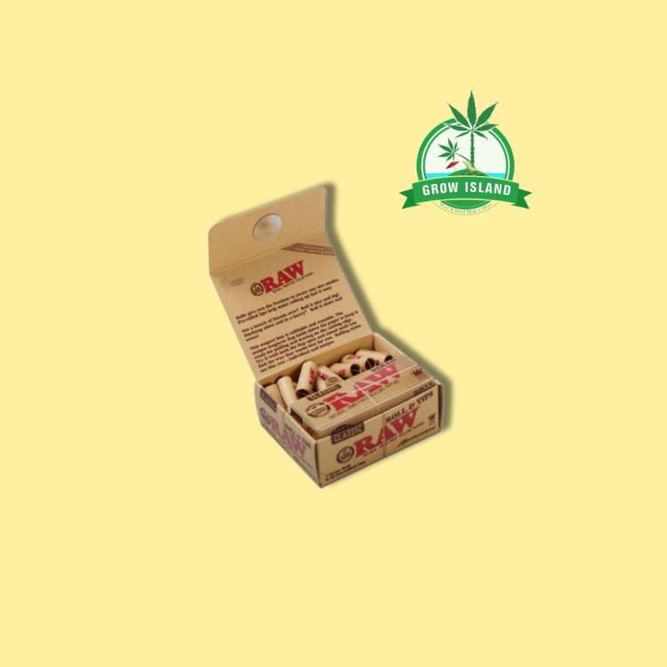 RAW Masterpiece in a smaller box rolls and filters with yellow background and green Grow Island logo in the right upper corner