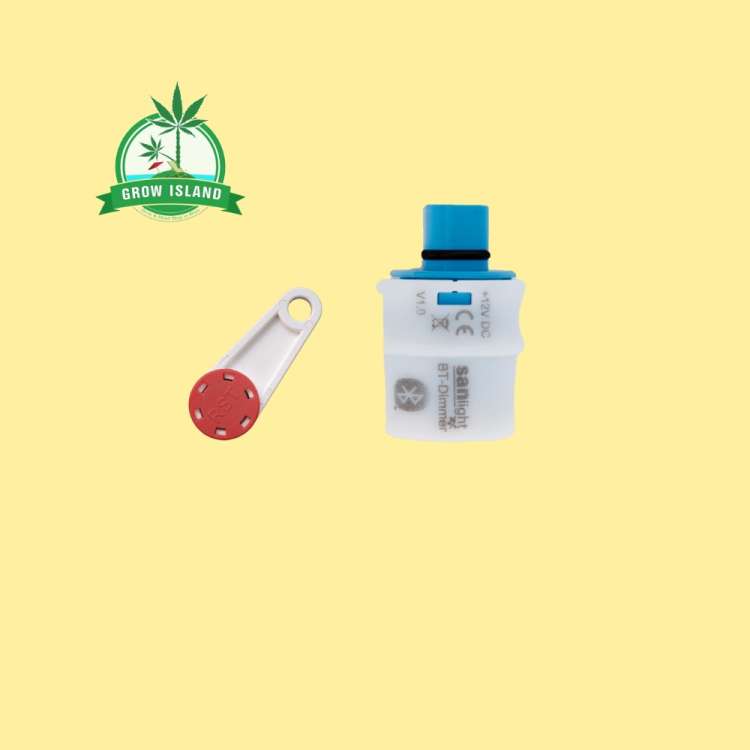 a small white dimmer for sanlight EVO series and one white chip with yellow background and green Grow Island logo in the left upper corner