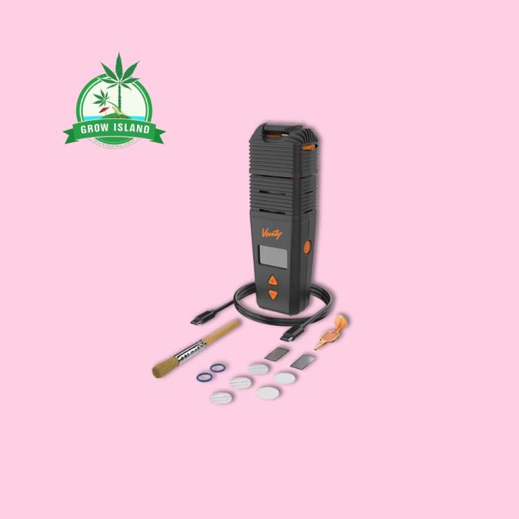 the vaporizer can be seen from the front with all accessories next to it with a pink background and green Grow Isalnd logo in the left upper corner